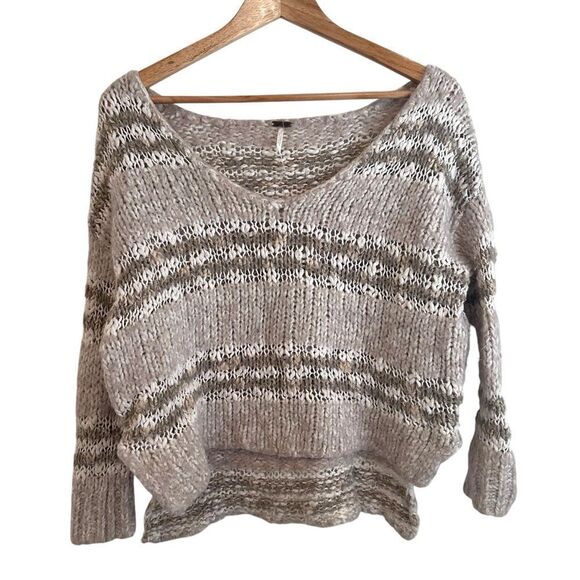 Free People Linus Eyelash Sweater Cream Tan Striped Boho Pullover Size XS - Picture 1 of 5